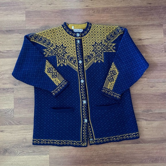 Vintage Other - Vintage 70s/80s Norleander Blue Yellow Fair Isle Wool Cardigan size XL